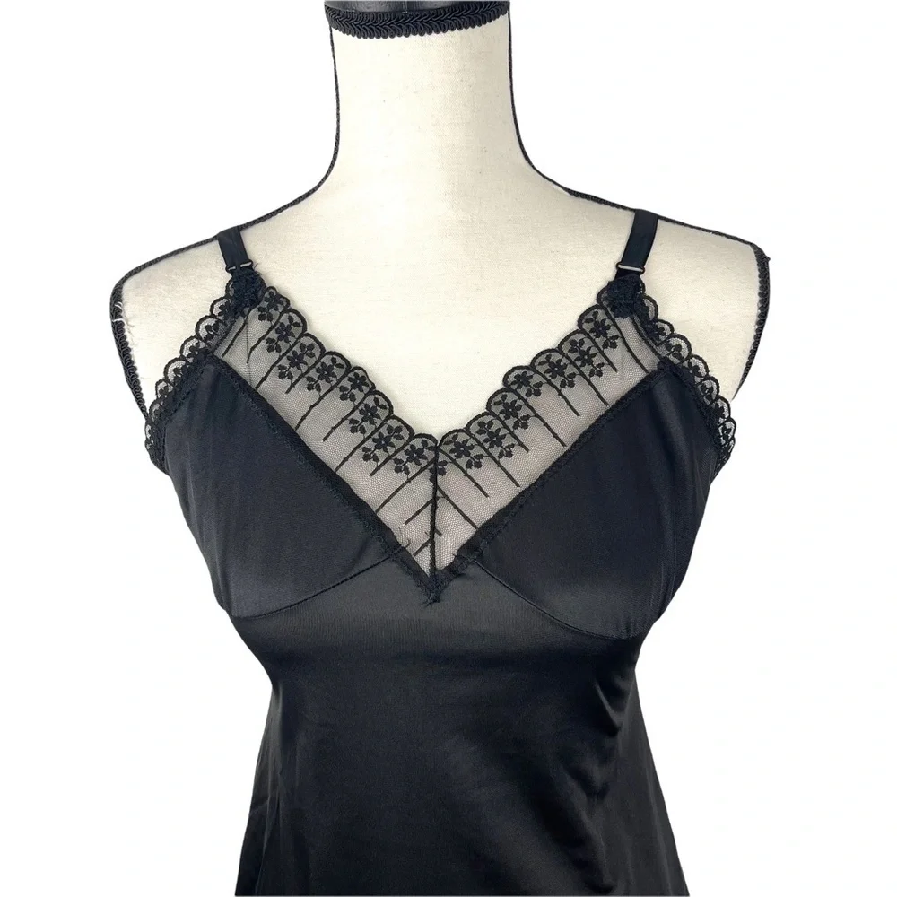 Vintage Black 100% Nylon with Floral V Neck Trim Slip Dress - Picture 3 of 12